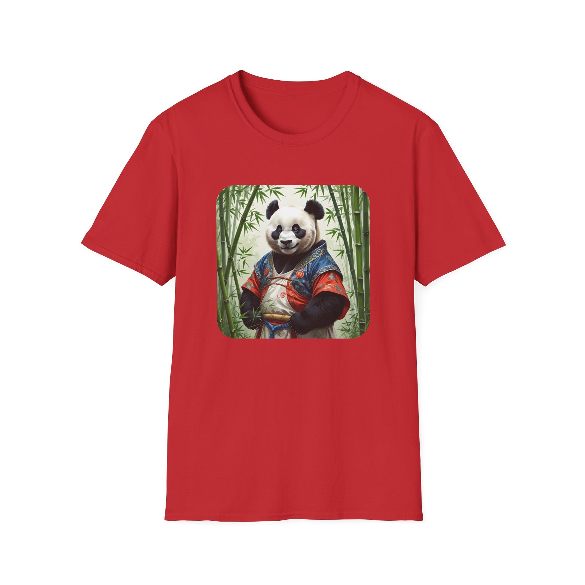 Panda Graphic T-Shirt with panda in traditional robes and bamboo artwork in Red