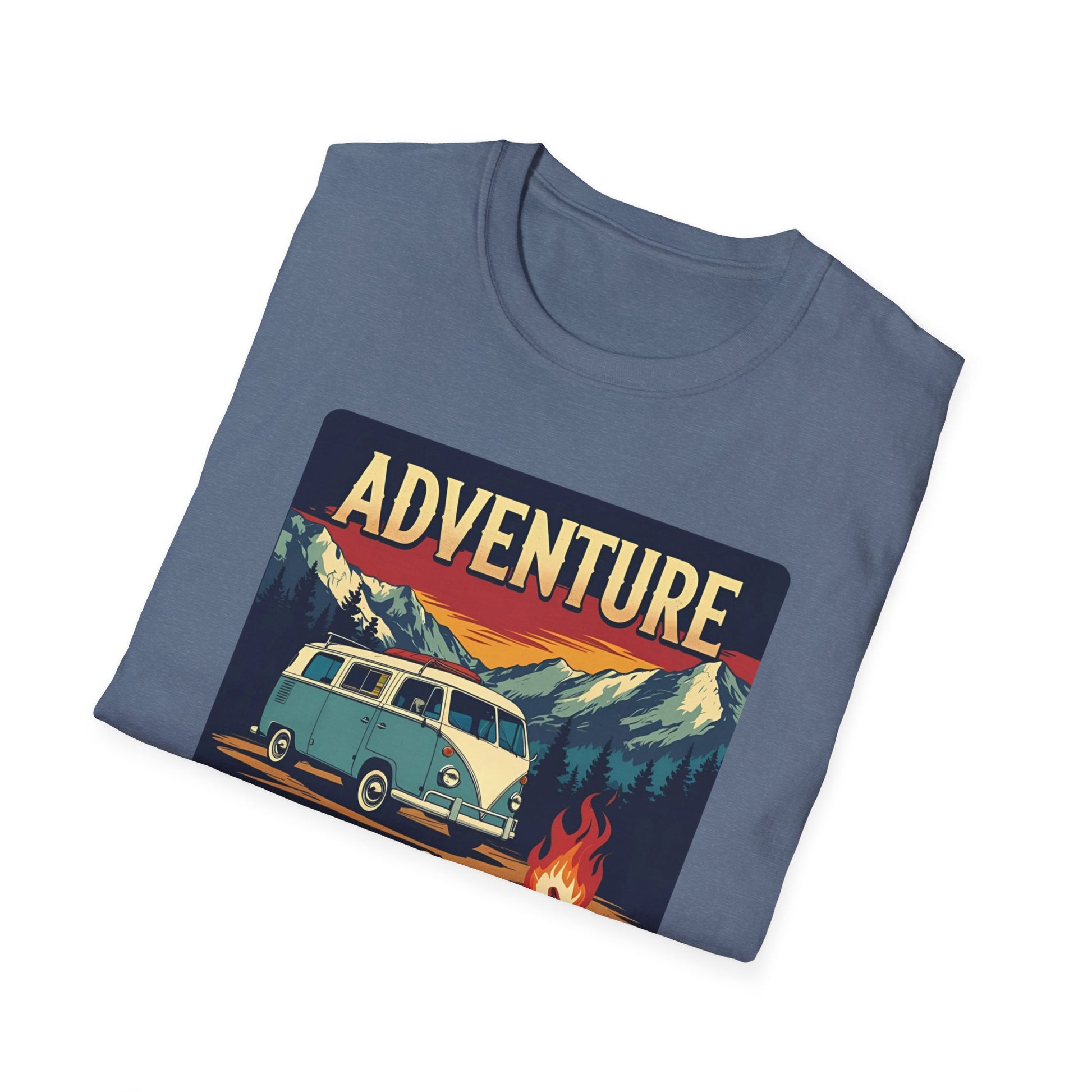 Adventure Awaits - Retro Camper Van Adventure T-Shirt in Heather Indigo - Folded