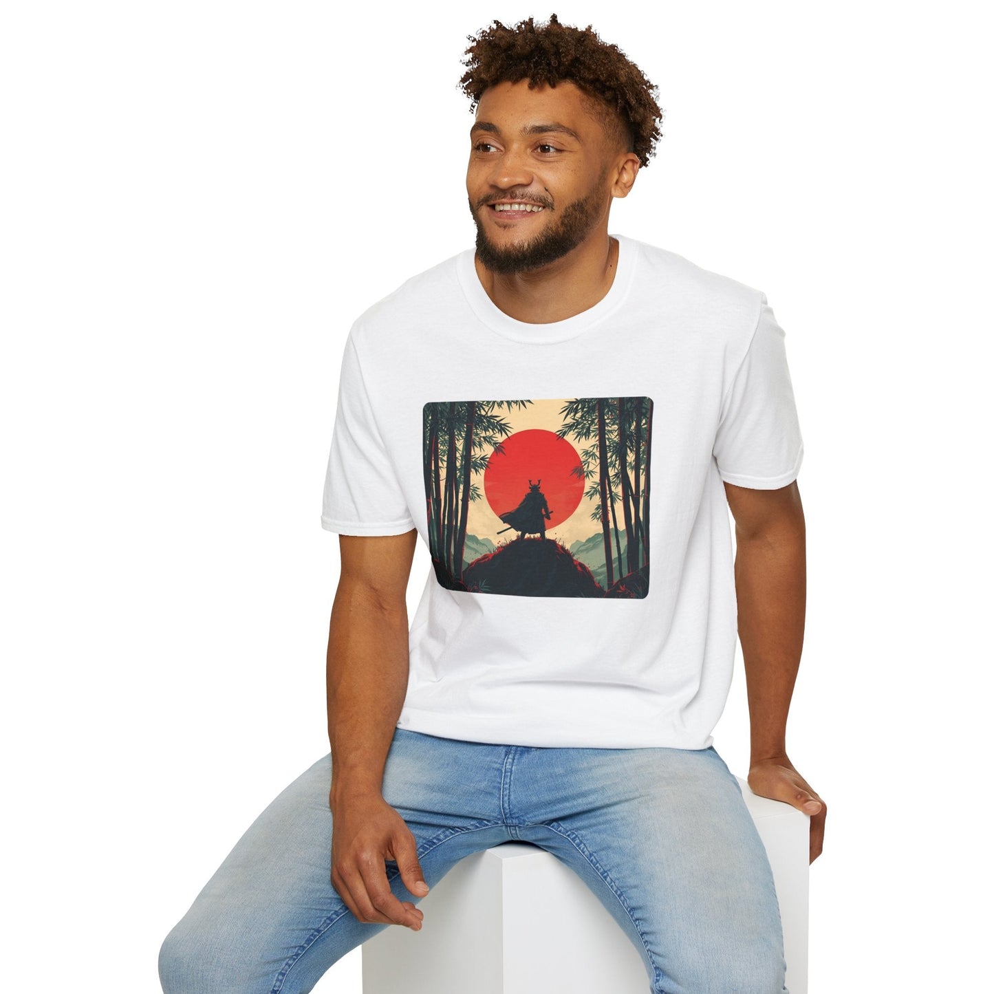 Model wearing a Solitude Lone Samurai Under the Crimson Moon T-Shirt in white featuring a lone samurai silhouette standing in a bamboo forest beneath a large crimson moon.