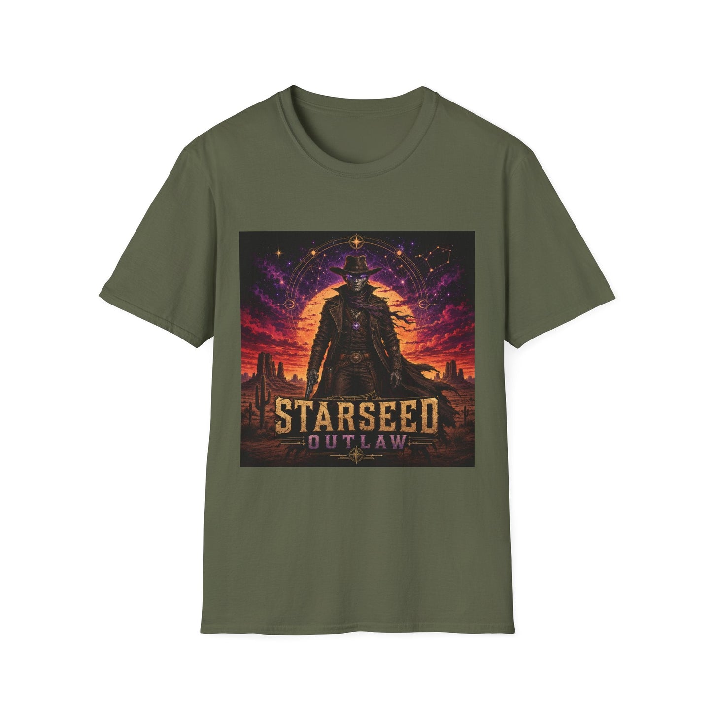 Starseed Outlaw T-Shirt in military green with bold alien-inspired cosmic rebel graphic design.