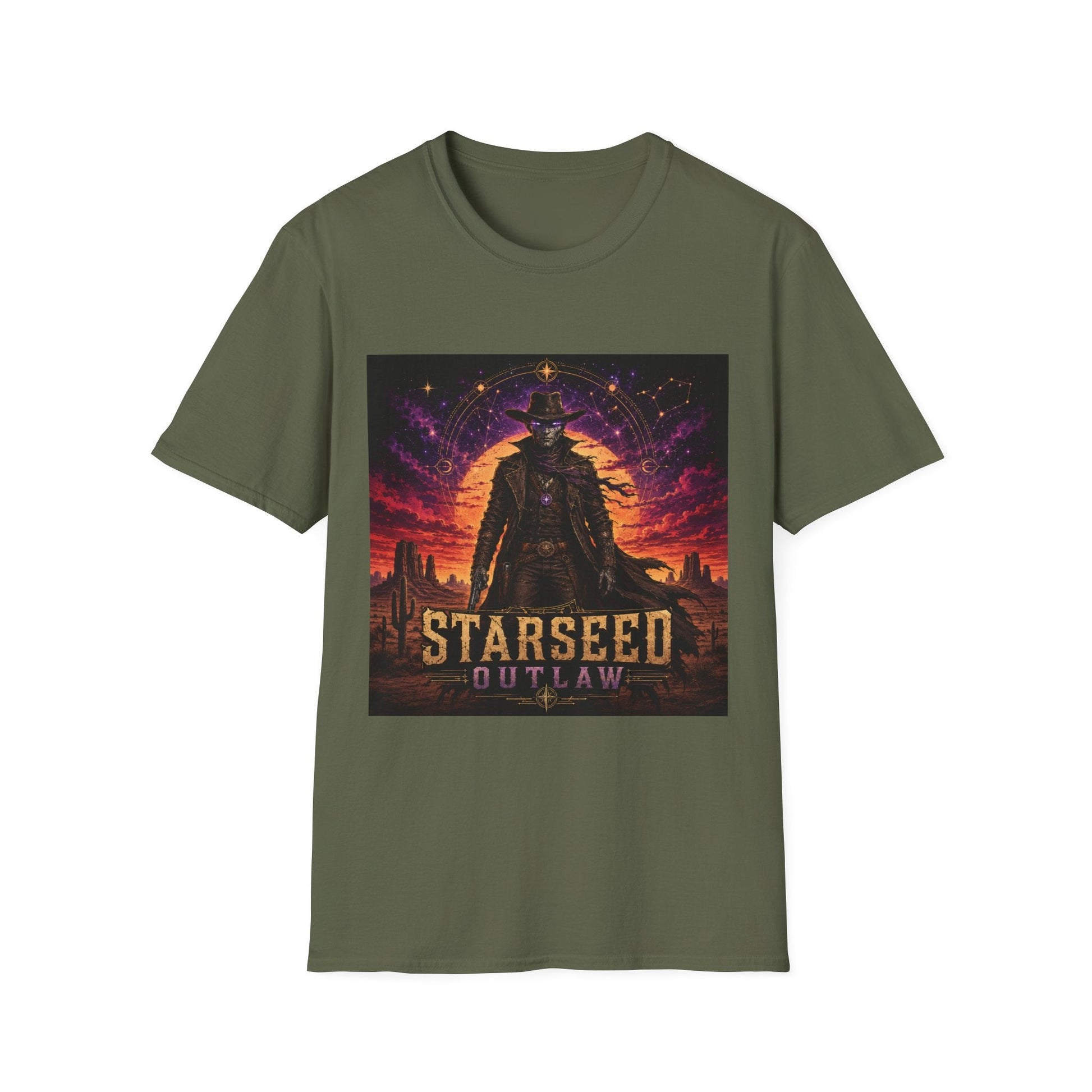 Starseed Outlaw T-Shirt in military green with bold alien-inspired cosmic rebel graphic design.