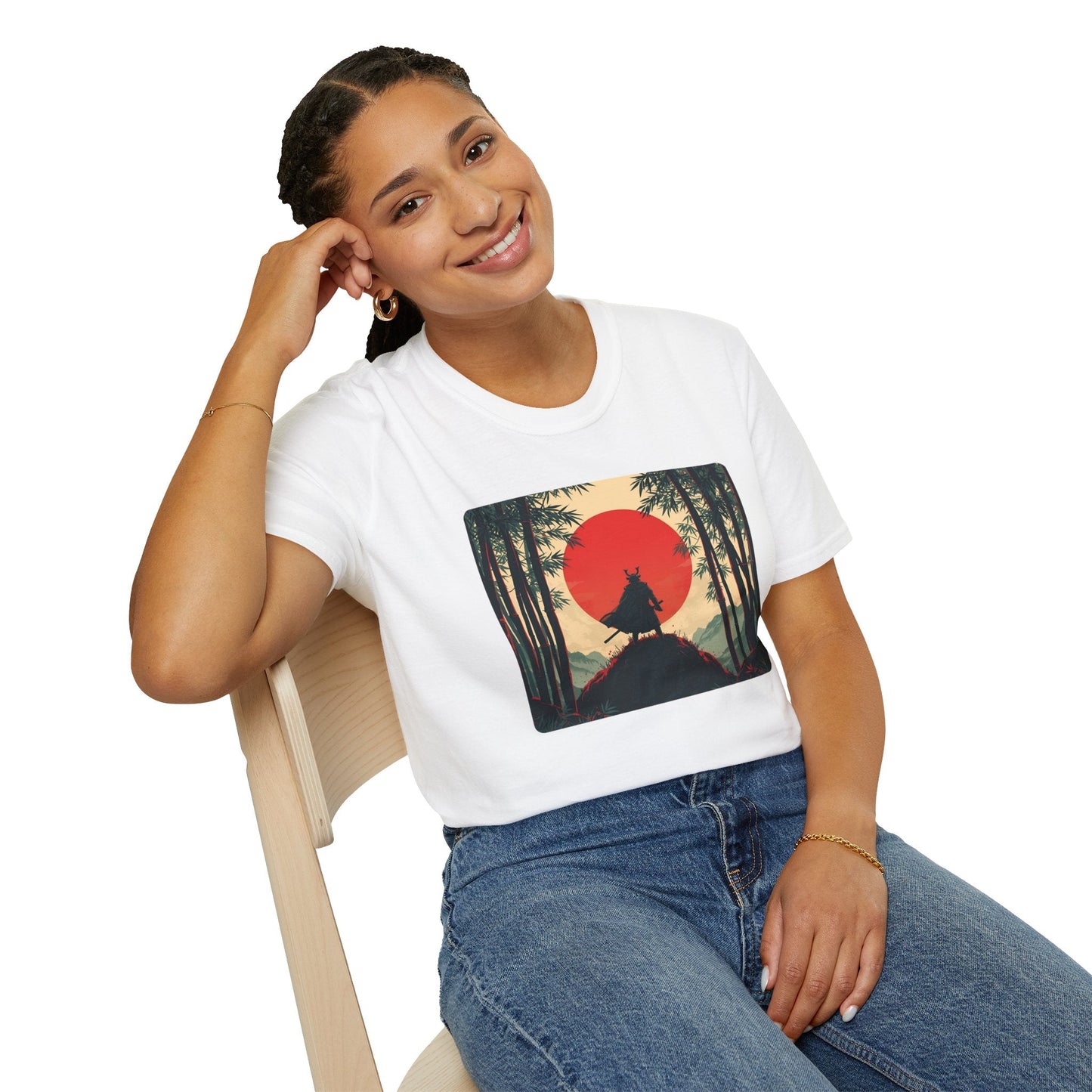 Model wearing a Solitude Lone Samurai Under the Crimson Moon T-Shirt in white featuring a lone samurai silhouette standing in a bamboo forest beneath a large crimson moon.