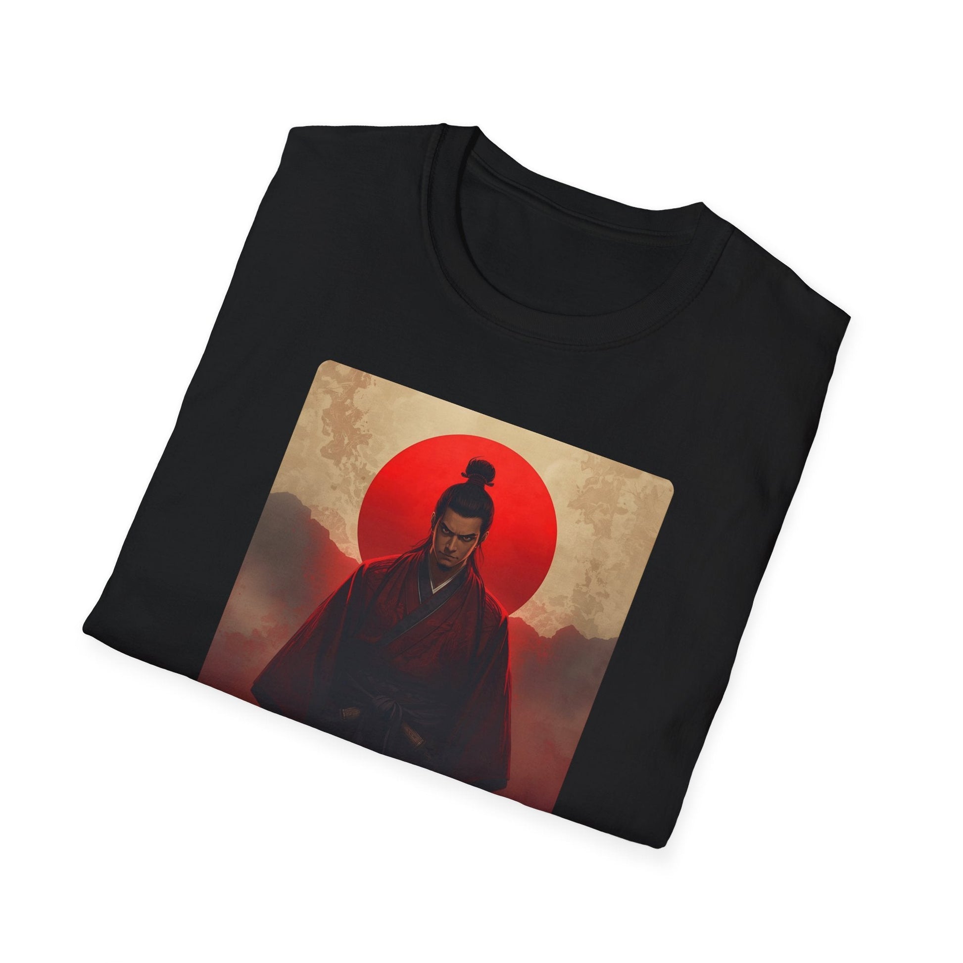 Folded Samurai Sunset Warrior at the Edge of Day T-Shirt in black showing a moody samurai design with a red sun, misty mountains and vintage warrior artwork.