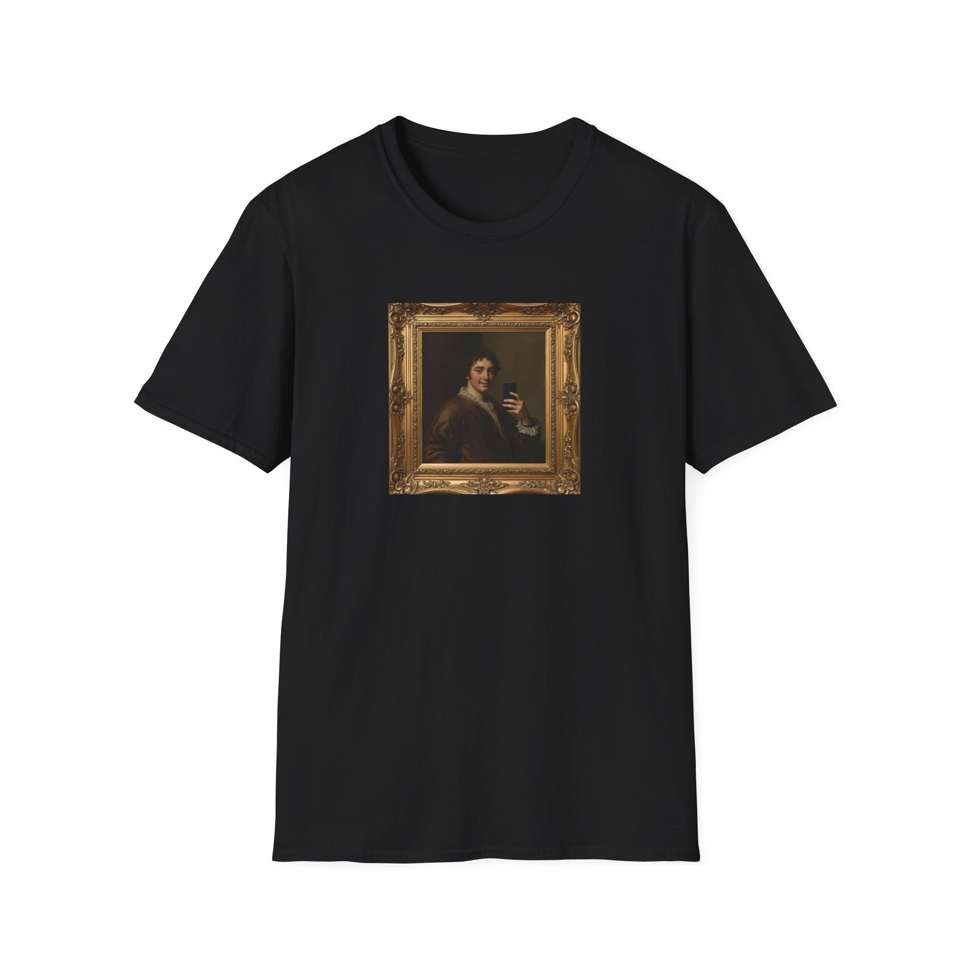 Renaissance Nobleman Selfie T-Shirt with classical art parody artwork in Black