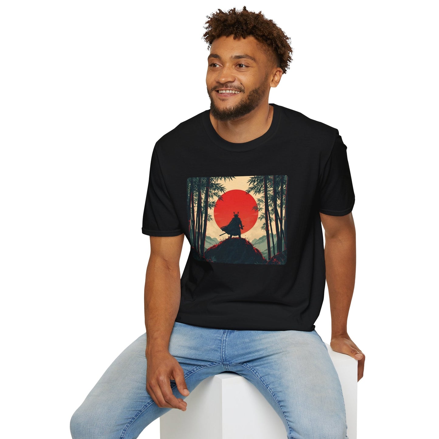 Model wearing a Solitude Lone Samurai Under the Crimson Moon T-Shirt in black featuring a lone samurai silhouette standing in a bamboo forest beneath a large crimson moon.