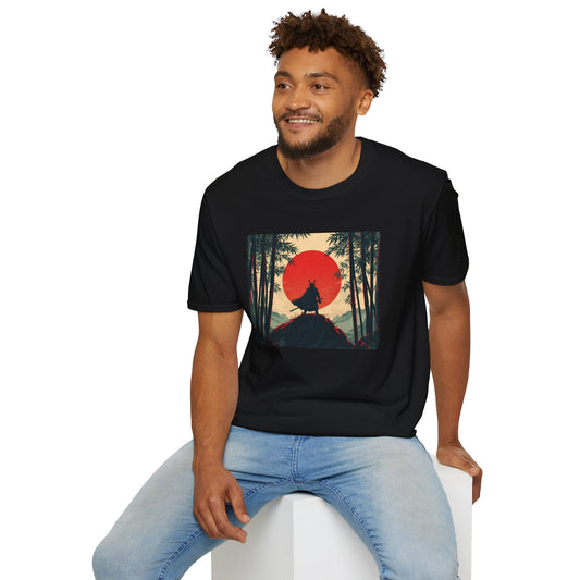 Model wearing a Solitude Lone Samurai Under the Crimson Moon T-Shirt in black featuring a lone samurai silhouette standing in a bamboo forest beneath a large crimson moon.