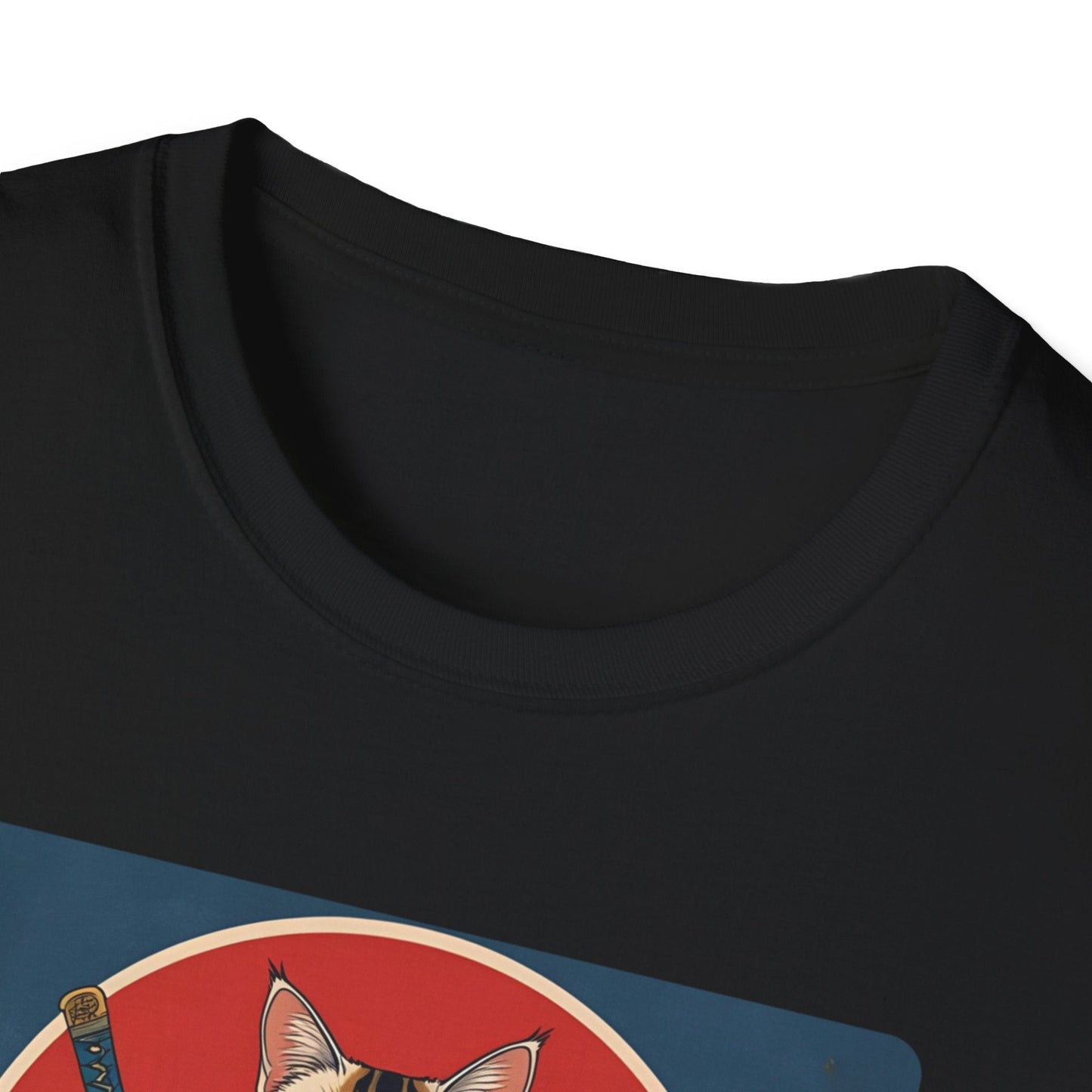 Close-up neckline view of the Whisper of the Blade Samurai Cat T-Shirt in black with samurai cat artwork visible on the front.