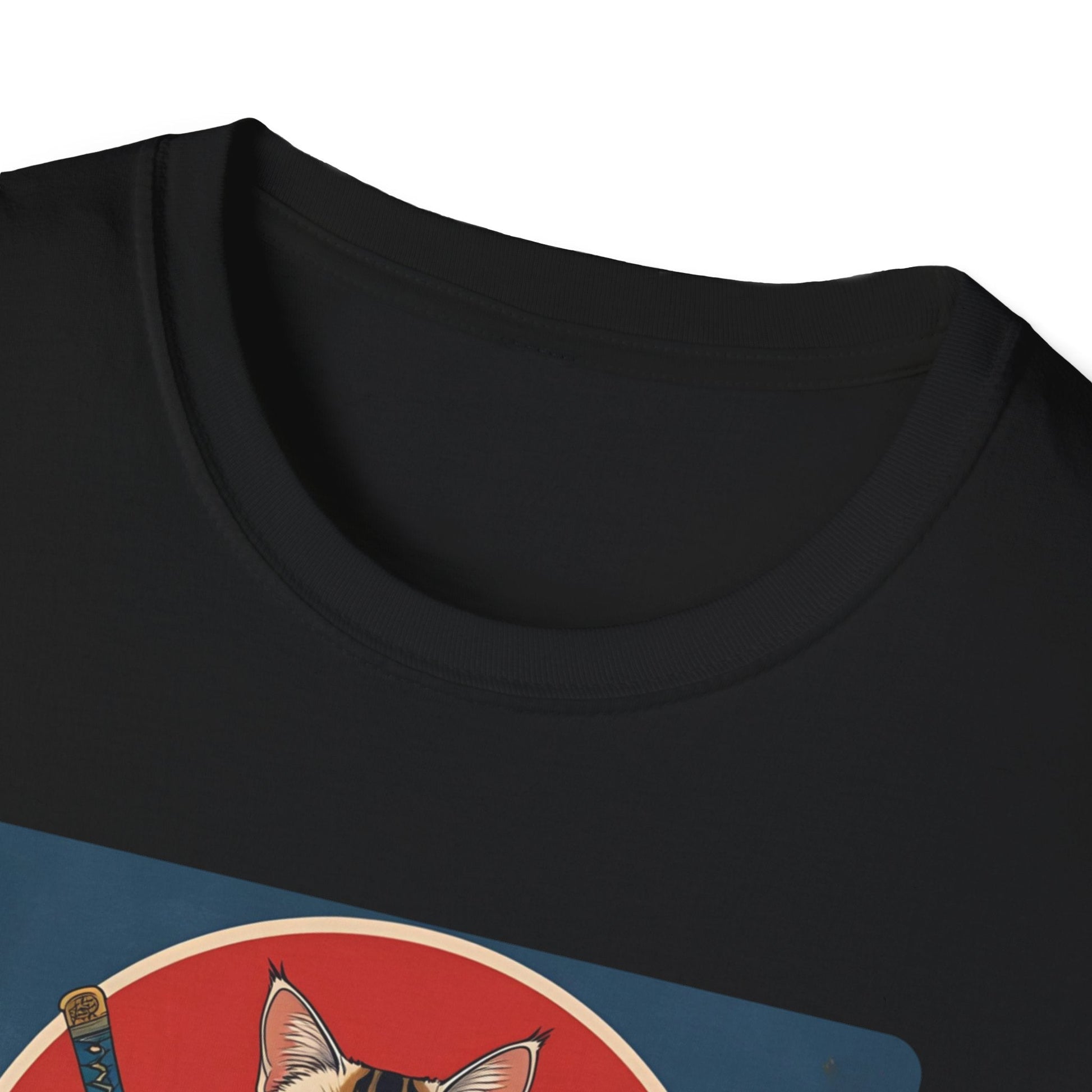 Close-up neckline view of the Whisper of the Blade Samurai Cat T-Shirt in black with samurai cat artwork visible on the front.