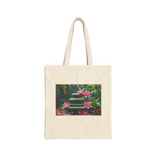 Serene Lotus Garden Cotton Canvas Tote Bag in Natural