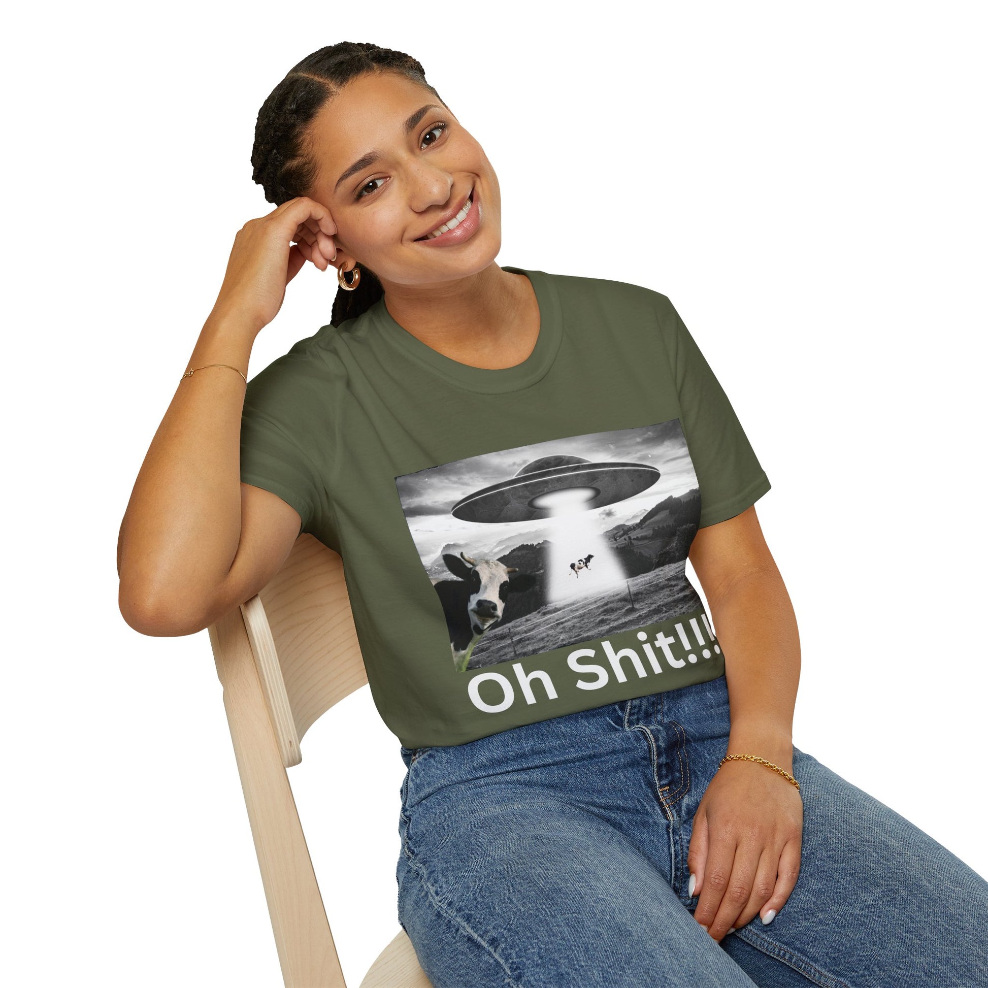 Oh Shit!!!! Cow Abduction T-Shirt  in Military Green