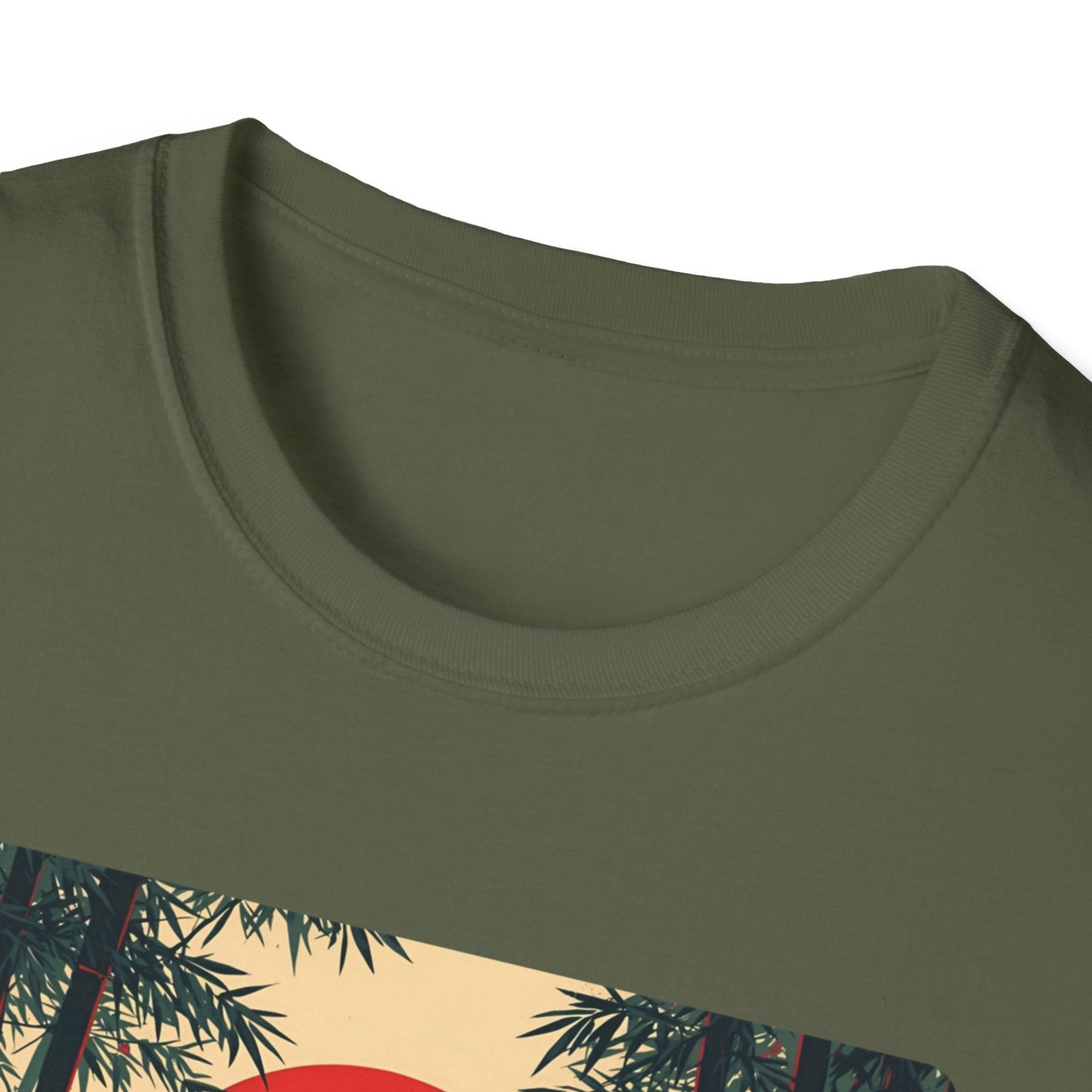 Close-up neckline view of the Solitude Lone Samurai Under the Crimson Moon T-Shirt in military green with Japanese-inspired samurai artwork visible on the front.