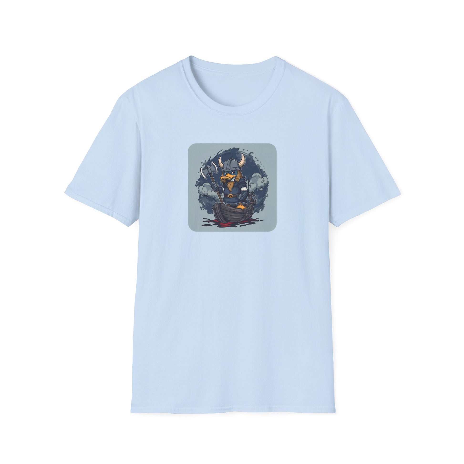 Goth Viking Duck – Dark Cartoon Chaos T-Shirt in Light Blue